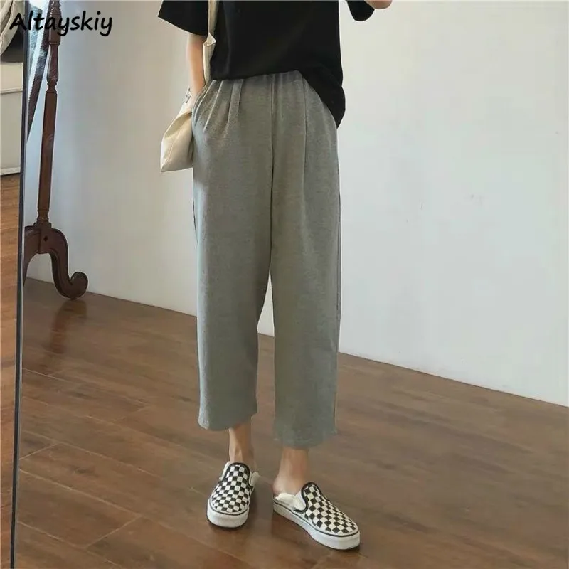 Pants Women Summer College Students High Waist Elastic Breathable Casual Straight Ankle-length Teens Soft  Korean Style 2021