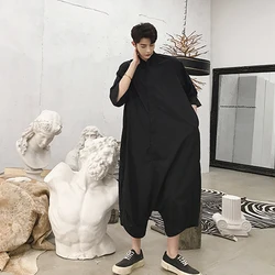 Summer men's trousers five point silhouette casual pants loose long sleeve one piece men's standing collar straight tube fashion