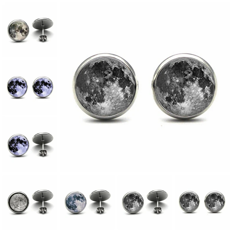 Full Moon Earrings Astronomy Space Post Moon Ear Nail Jewelry Full Moon Super Moon Ear Stud Glass Dome Earrings for Women