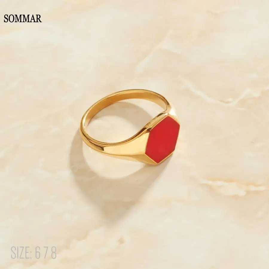 

SOMMAR Gorgeous Gold Plated color size 6 7 8 women female ring Red enamel hexagon ring men fine fashion jewelry