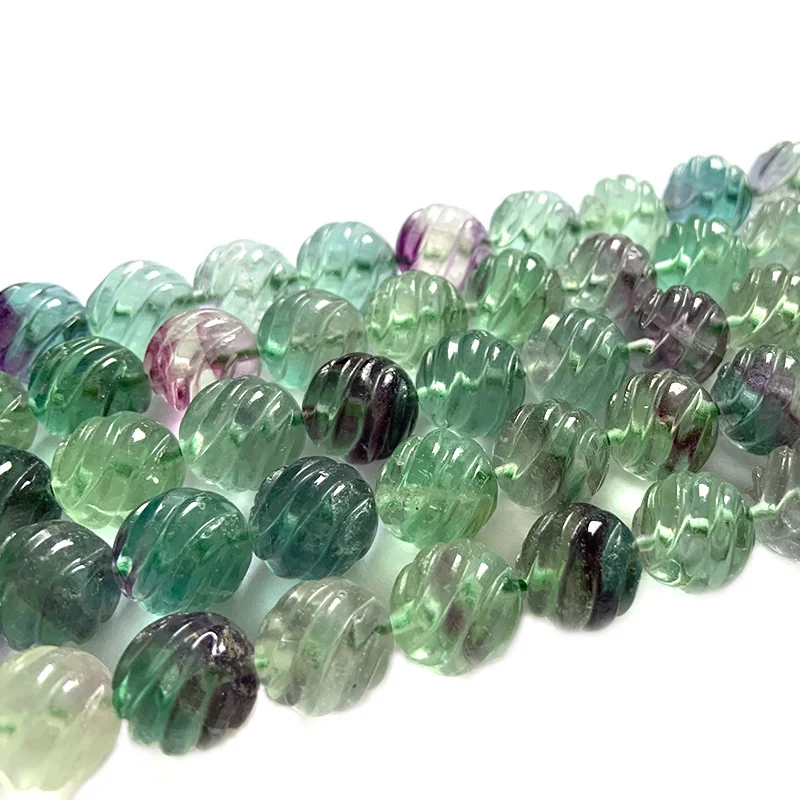 8-14mm Natural Fluorite Stone Beads Round Carved Wave DIY Loose Beads For Jewelry Making Beads Women Bracelets Necklace Gift