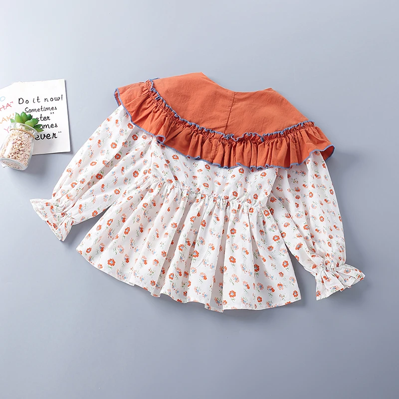 3-10 Years High Quality Cotton Spring Girl Clothing 2022 New Fashion Orange Floral Kid Children Clothing Blouses