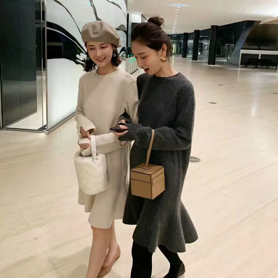 

Solid Apricot Black Knitted 2022 Woman Pollover Winter Sweater Dress Women Solid Warm Casual Korean Jumper Dresses New Thick