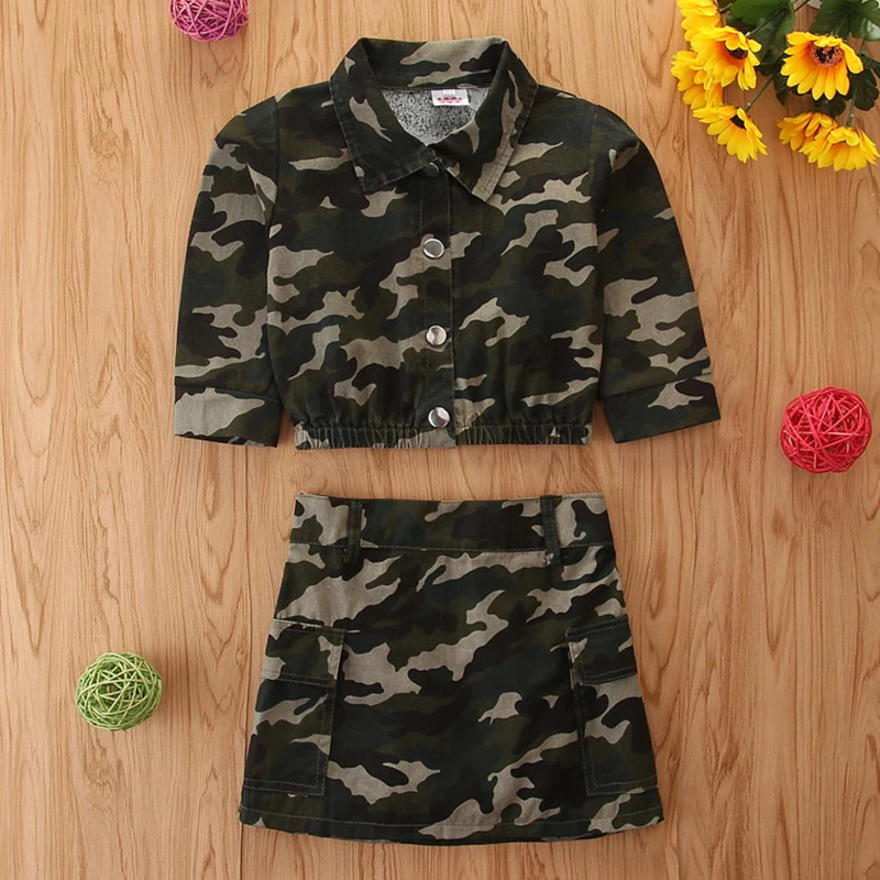 2020 autumn Kids girls Clothes Sets Camouflage button tooling jackets coat + Camouflage skirt 2pcs children clothing suit 2-7Y