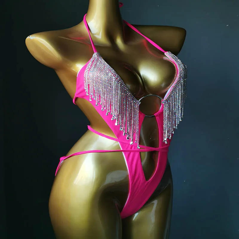 Rose Rhinestones Bandage Bodysuit Women Model Catwalk DJ Dancer Sexy Stretch Leotard Stage Wear Nightclub Bar Pole Dance Costume