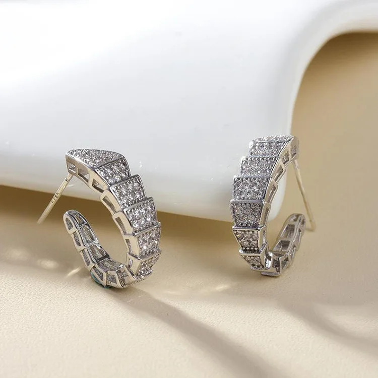 Luxury Band Silver Color Snake Head Earrings for Women Dazzling Cubic Zirconia Cute Animals Jewelry Stud Earrings Silver