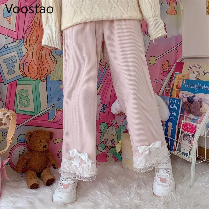 Autumn Japanese Women Sweet Lolita Style Lace Bow Corduroy Wide Leg Pants Girls Harajuku Casual Loose Sweatpants Kawaii Trousers