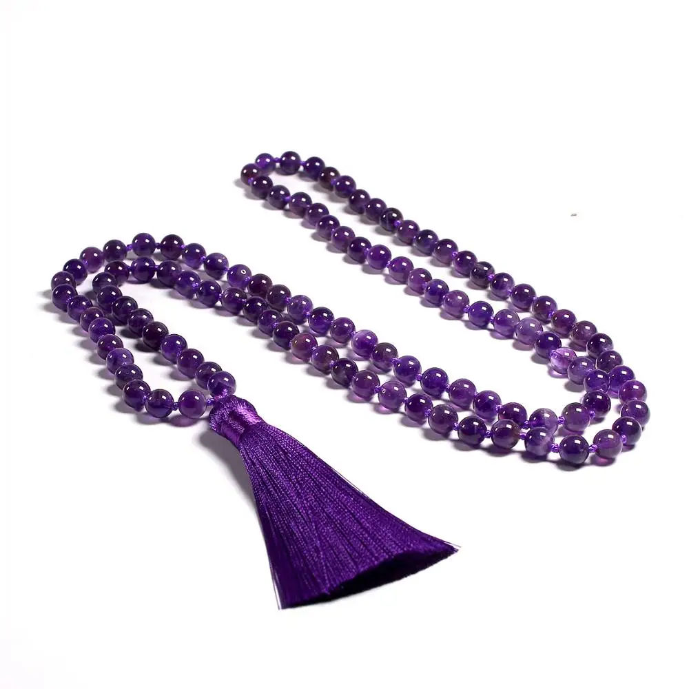 Natural Stone 108 Mala Necklaces For Women Female Knotted  Payer Long JapaMala Purple Tassel Necklace Yoga Jewelry 8MM