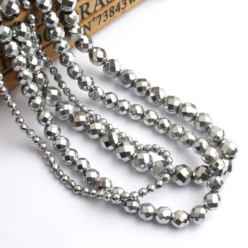 2/3/4/6/8/10mm Natural Silver-Plated Faceted Hematite Stone Beads Round loose Spacer Beads For Jewellery Making Bracelet 15 inch