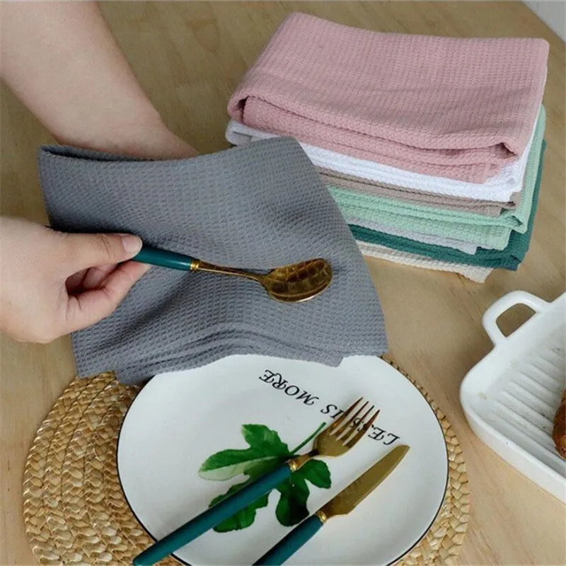 Cotton Waffle Tea Towels Strong Absorption Cotton Walf Checks Kitchen Tea Towel Kitchen Cleaning Towel 8 Colors 45x65cm