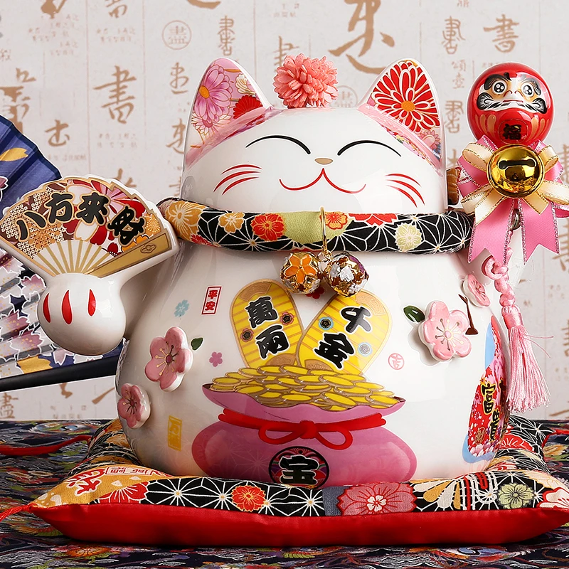 9 Inch Ceramic Fortune Lucky Cat Maneki Neko Ornament Home Decoration Gift Feng Shui Piggy Bank Centerpiece