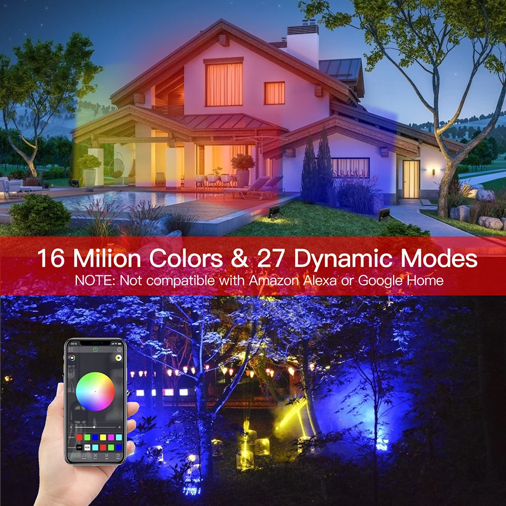 16 Million Colors 27 Modes LED Flood Lights RGB Color Changing 20W Bluetooth APP Control IP66 Waterproof Outdoor Dimmable D30