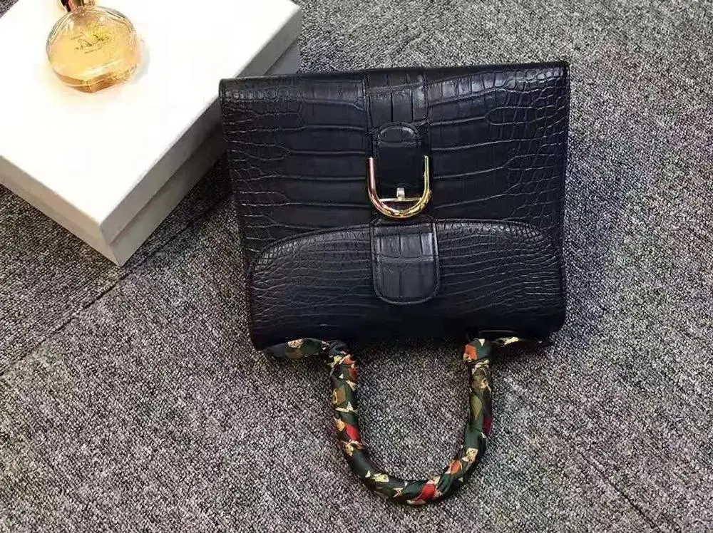 100% Real/Genuine crocodile Skin Women tote Handbag High end fine quality matt black color crocodile belly skin lady bag 28cm