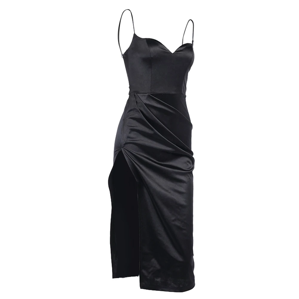 New Women Sexy Satin Silk Long Dress High Split Summer Dress Strap Sleeveless Evening Party Dresses V Neck Black Dresses