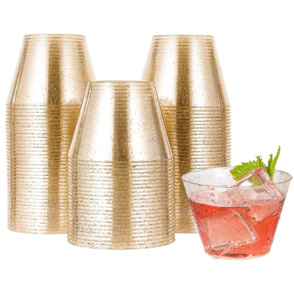 

Disposable Gold Glitter 9OZ Plastic Cups Clear Plastic Tumblers Wedding Christmas Party Cups