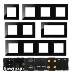 Single/Double/Triple/Quadruple Black Glass Panel Frame, Wall Power Socket Rocker Light Switch Module Part DIY Free Combination