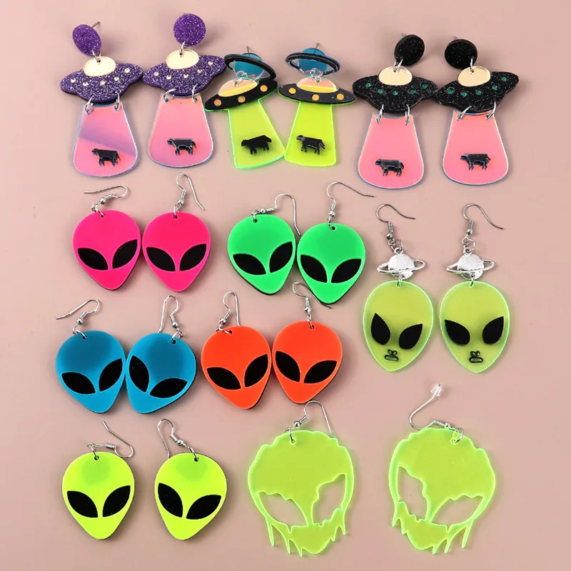 FishSheep Cute Alien UFO Spaceship Acrylic Drop Earrings For Women Exaggerated Flying Saucer Earring Hip Hop Fashion Jewelry