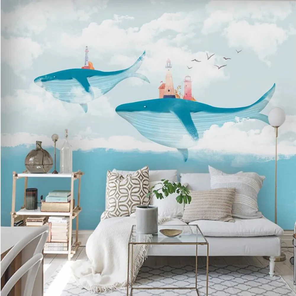 

Milofi custom large wallpaper mural 3D creative hand painted sky white cloud whale background wallpaper mural