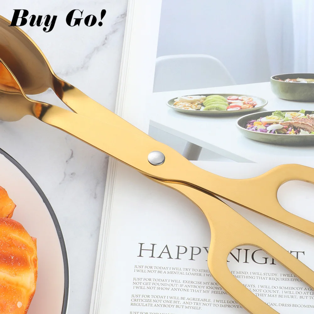 1/2PCS Food ServingTongs Stainless Steel Kitchen Scissor Buffet Utensils Meat Salad Bread Clamp Gold BBQ Dessert Clip Cooking