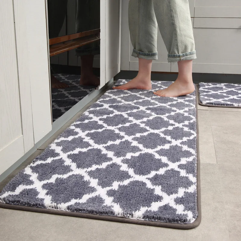 High-quality Thicken Kitchen Rug Lattice Plush Washable Long Carpets Non-slip Bathroom Mat Door Mat