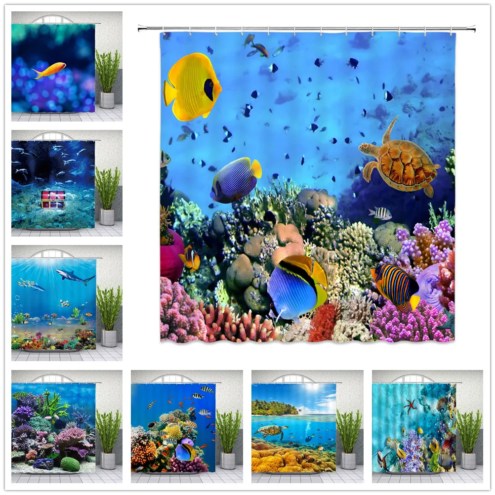 Underwater World Shower Curtains Ocean Animal Shark Dolphin Turtle Bathroom Decor Home Bathtub Waterproof Polyester Curtain Set