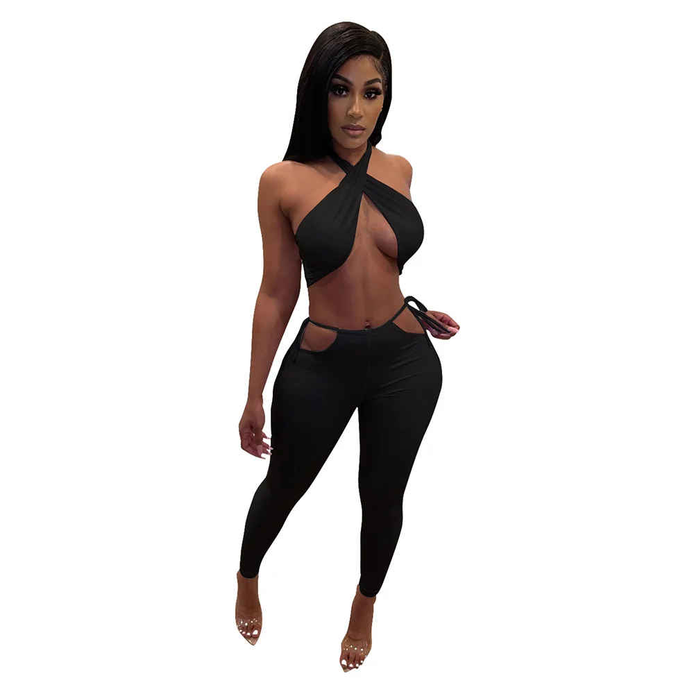 Sexy Summer Two Piece Set Women Solid Cross Halter Backless Bra Tank Tops Legging Pant Party Club Matching Set Outfit Tracksuit