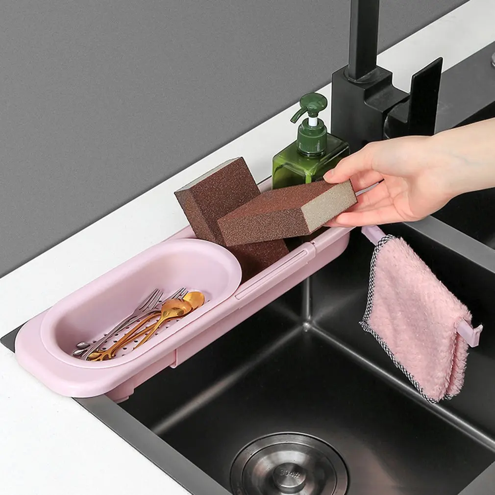 Kitchen Sink Rack Organizer Telescopic Drain Rack Dish Washing Filter Drain Storage Basket Adjustable Sponge Soap Hanging Holder