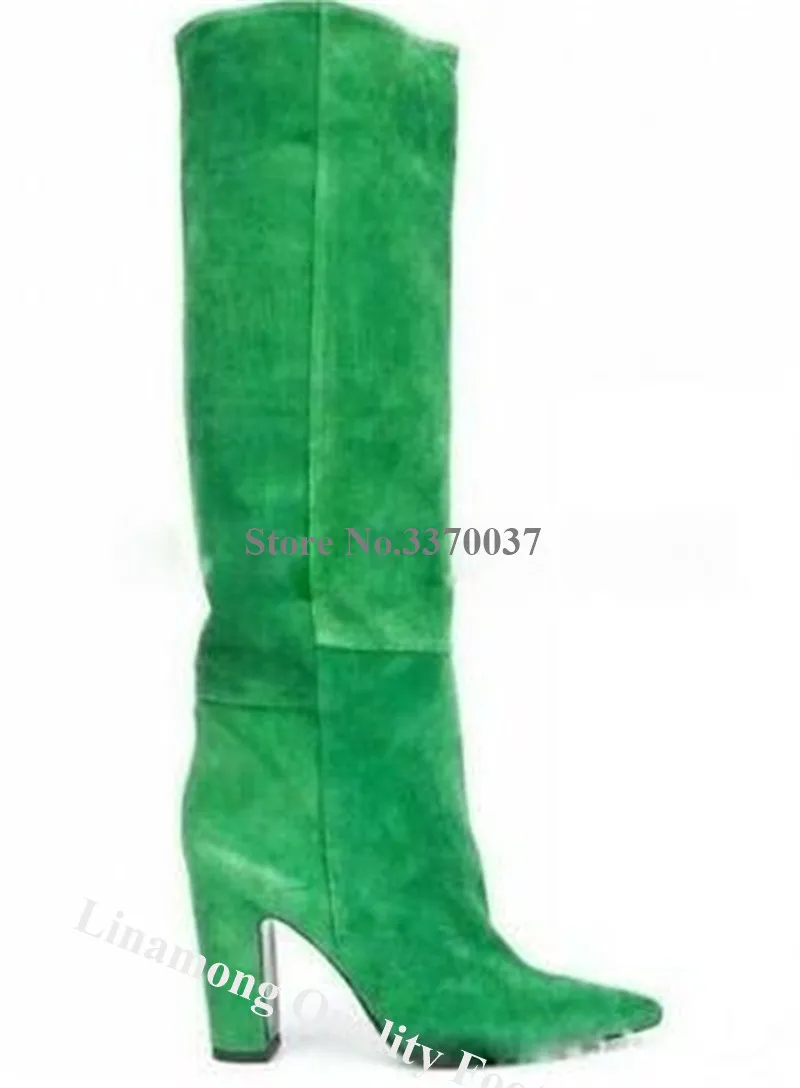 Linamong Women Fashion Pointed Toe Suede Leather Chunky Heel Knee High Boots Blue Green Long High Heel Thick Boots Dress Shoes