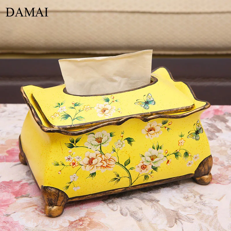 

American Pastoral Ceramic Tissue Boxes Flowers Birds Painted Decorative Napkin Holder Living Room Desktop Decor Paper Towel Box