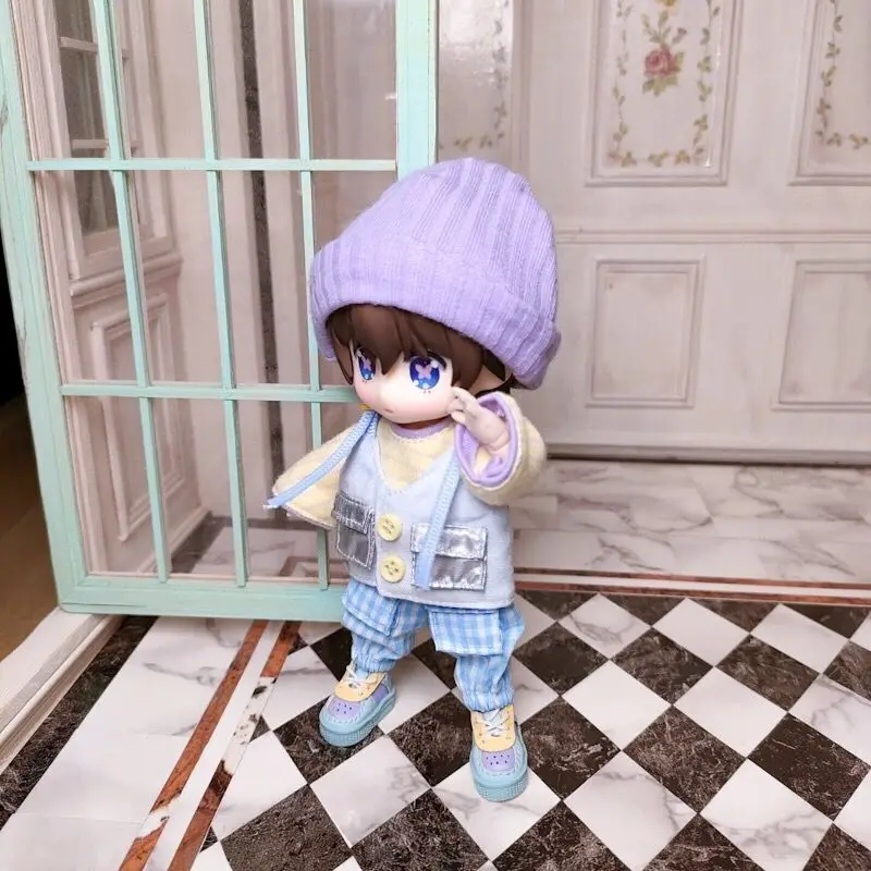 OB11 doll clothes are suitable for 1/12 size fashion new striped top + jacket waistcoat + checked cargo pants baggy pants + hat