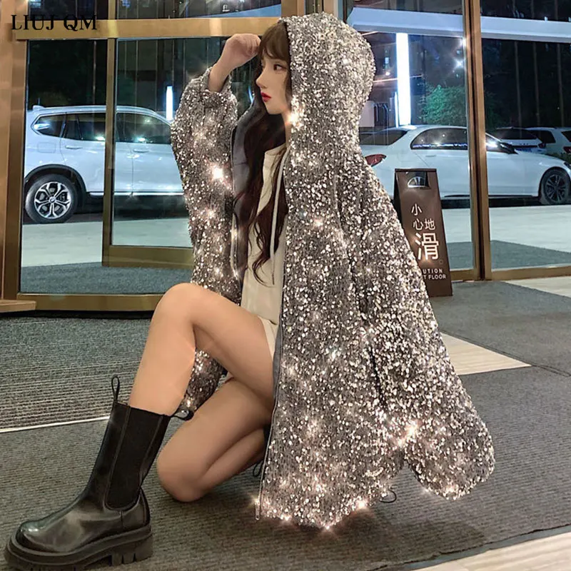2022 Winter Jacket Women New Korean Style Hooded Sequins Padded Coat Women Loose Add Cotton To Thicken Female Jacket