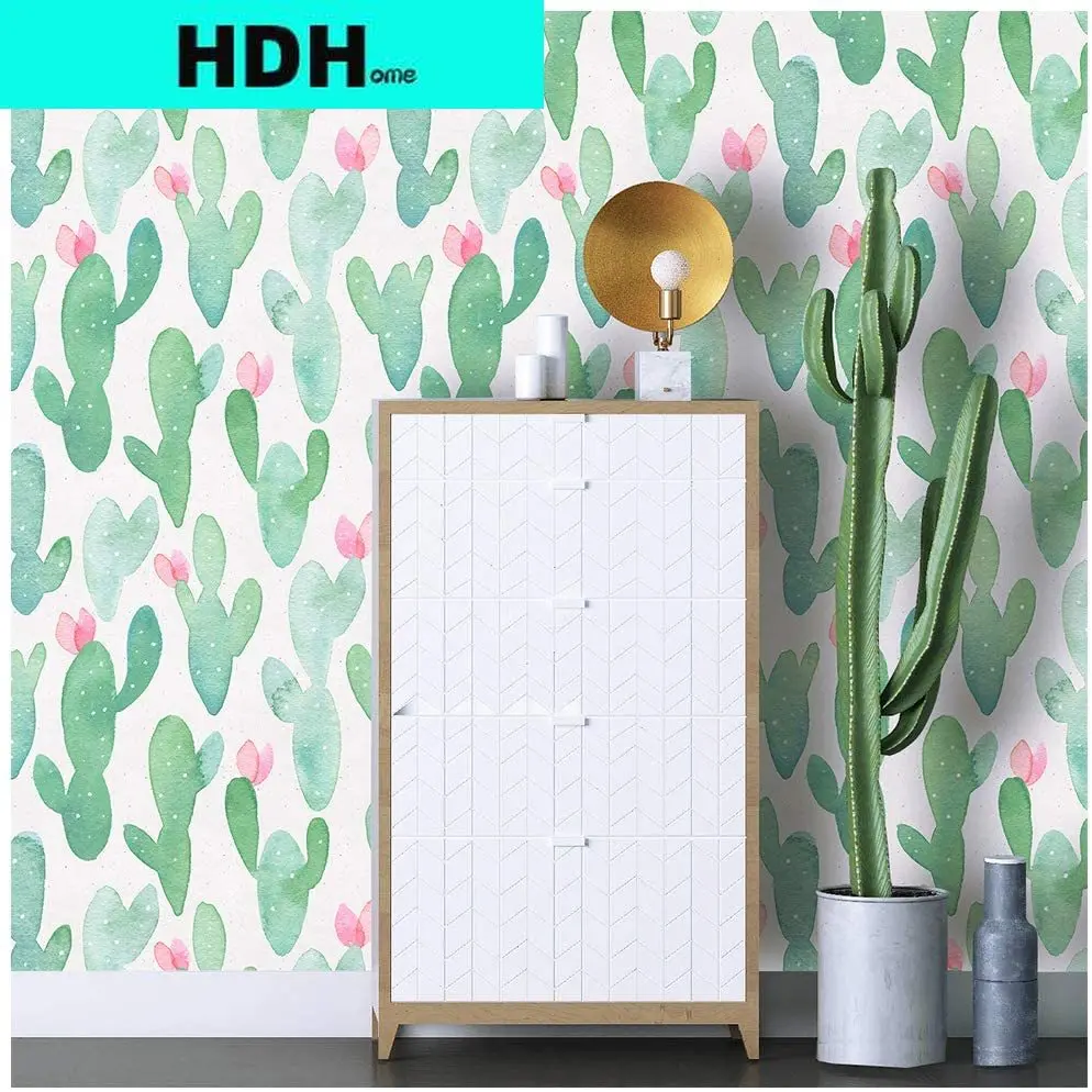 Cactus Peel and Stick Wallpaper Removable Green/Pink Vinyl Self Adhesive Decorative Wall Stickers Extra Thick Wallcoverings