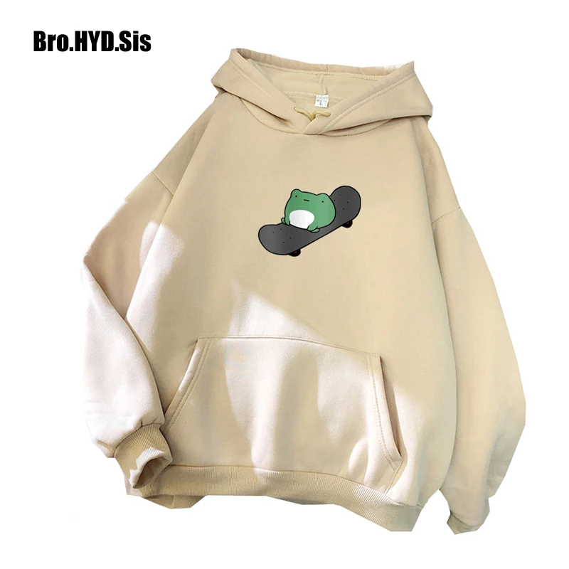 Cute Skateboard Frog Print Hoodies Cartoon Fleece Hooded Pullover Sweatshirts Harajuku Lady Autumn Winter Girls Tops 4XL