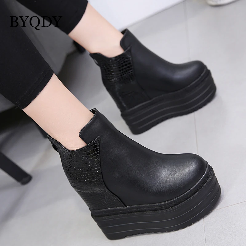 BYQDY 12.5cm Heel PU Leather Platform Boots Autumn Women Ankle Boots Black Height Increasing Round Toe Punk Wedges Boots Female