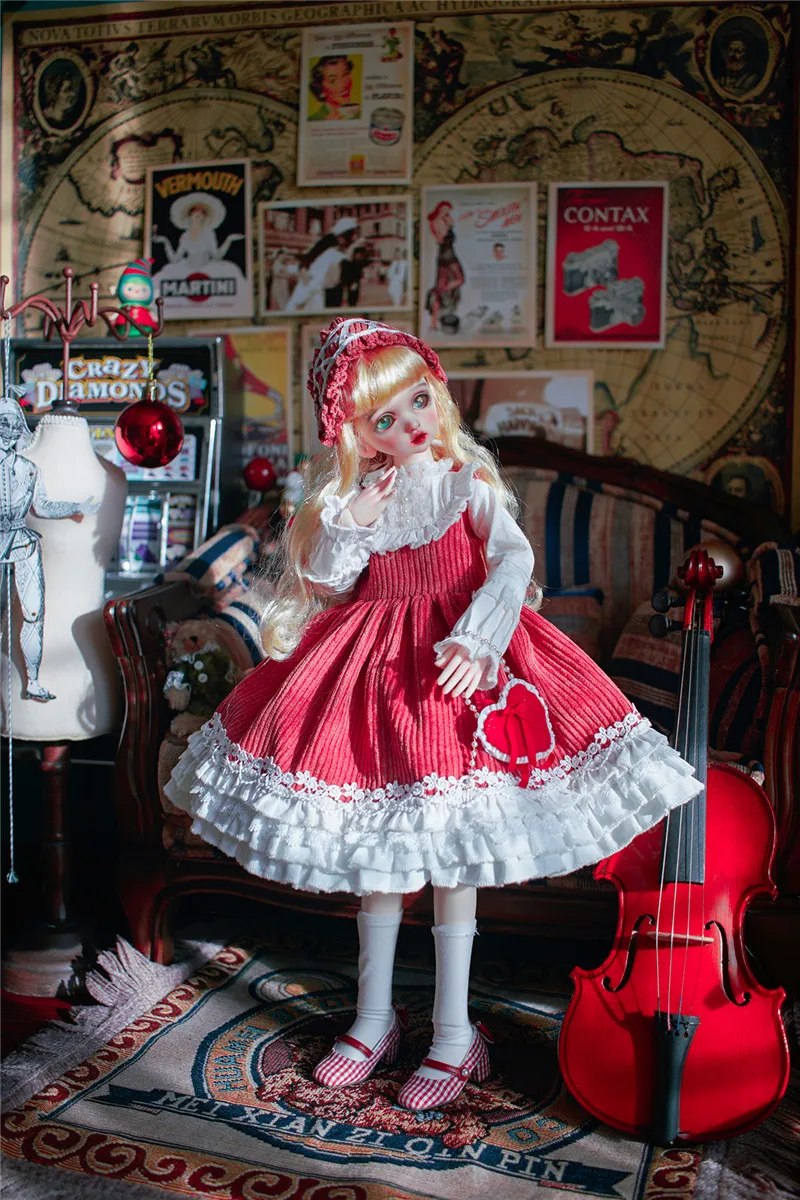 

BJD doll clothes is suitable for 1/3 1/4 1/6 size retro red soft skirt small dress 4 pieces doll accessories