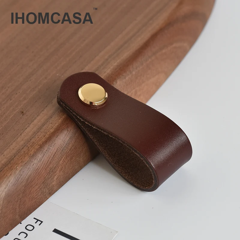 IHOMCASA Brown Leather Knobs European Retro Furniture Drawer Wardrobe Door Handle Cupboard Shoe Cabinet Cowhide Pulls Knob