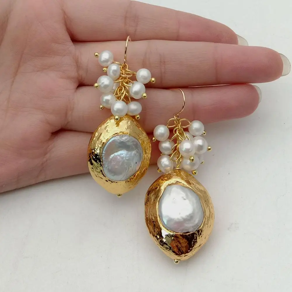 

YYGEM белые пресноводные серьги-крючки Keshi Pearl pave золотого цвета, висячие серьги для женщин