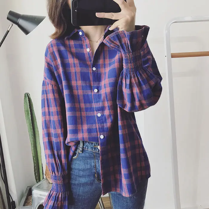 Blouse Women Shirt 2021 Spring Korean Style Loose Sleeves Plaid Shirt Shirt For Women Blusas Mujer De Moda