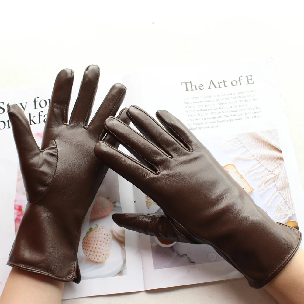 Bickmods New Women's Leather Gloves Autumn And Winter Warm Velvet Lining Straight Style Black Sheepskin Gloves