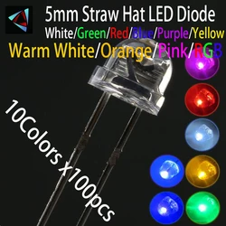 1000pcs 10Colorsx100pcs 5MM Straw Hat LED Diffused Kit 5 MM 3V Warm White Green Red Blue Yellow Orange Purple UV Pink RGB