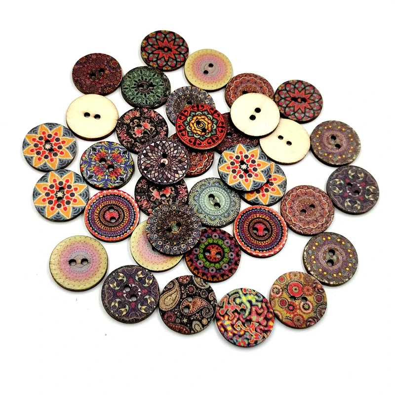 15/20/25mm Natural Retro Multi-Pattern Printing Wooden Round Buttons For Clothing Scrapbook Diy Home Sewing Accessories