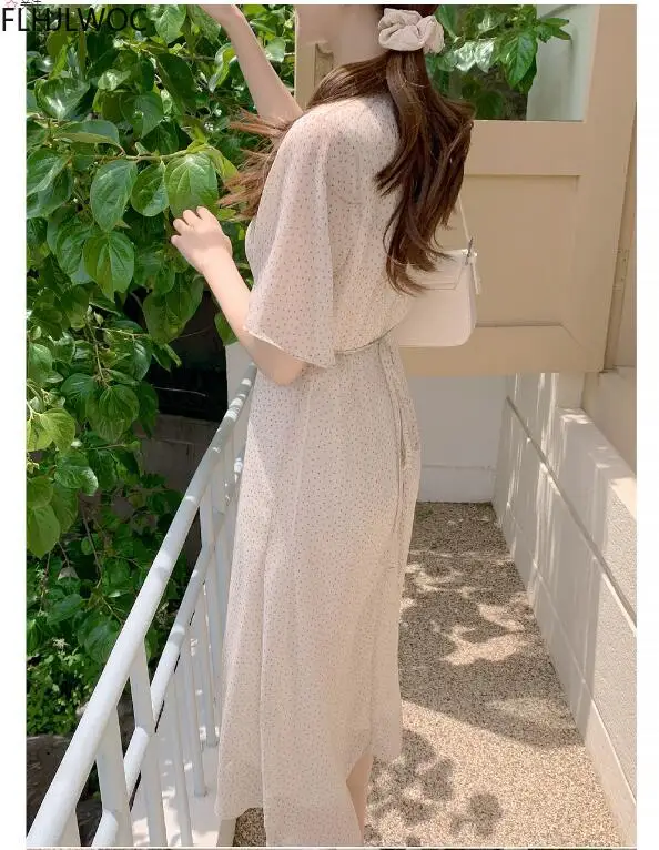 Korea Chic Dress 2021 Summer Holiday Date Girls V Neck Draped Sweet Romantic Floral Printed Women Long Dresses Vestidos