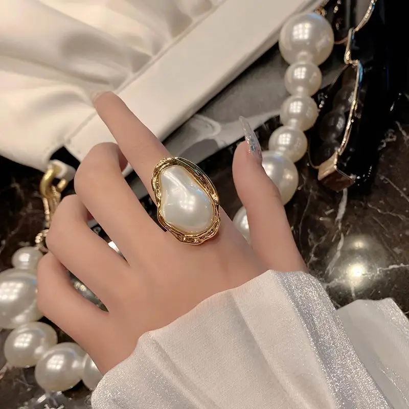 Statement Big Baroque Pearl Open Rings For Women Personality New Jewelry Adjustable