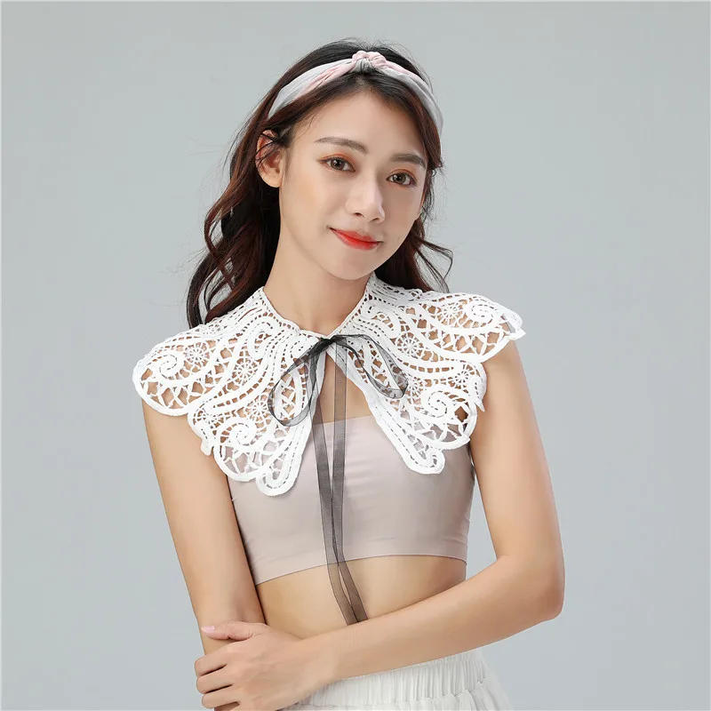 Women Peter Pan Neck Shirt Chiffon Cotton Fake Collar Tie Hollow Out Lace Flower Lapel Floral False Detachable Collar Blouse Top