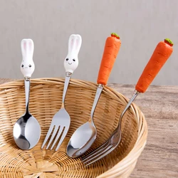 Cartoon Stainless Steel Long Handle Spoon/ Fork Cute Carrot Rabbit Dinner Spoon Fork Tableware Flatware Utensils Home Kitchen