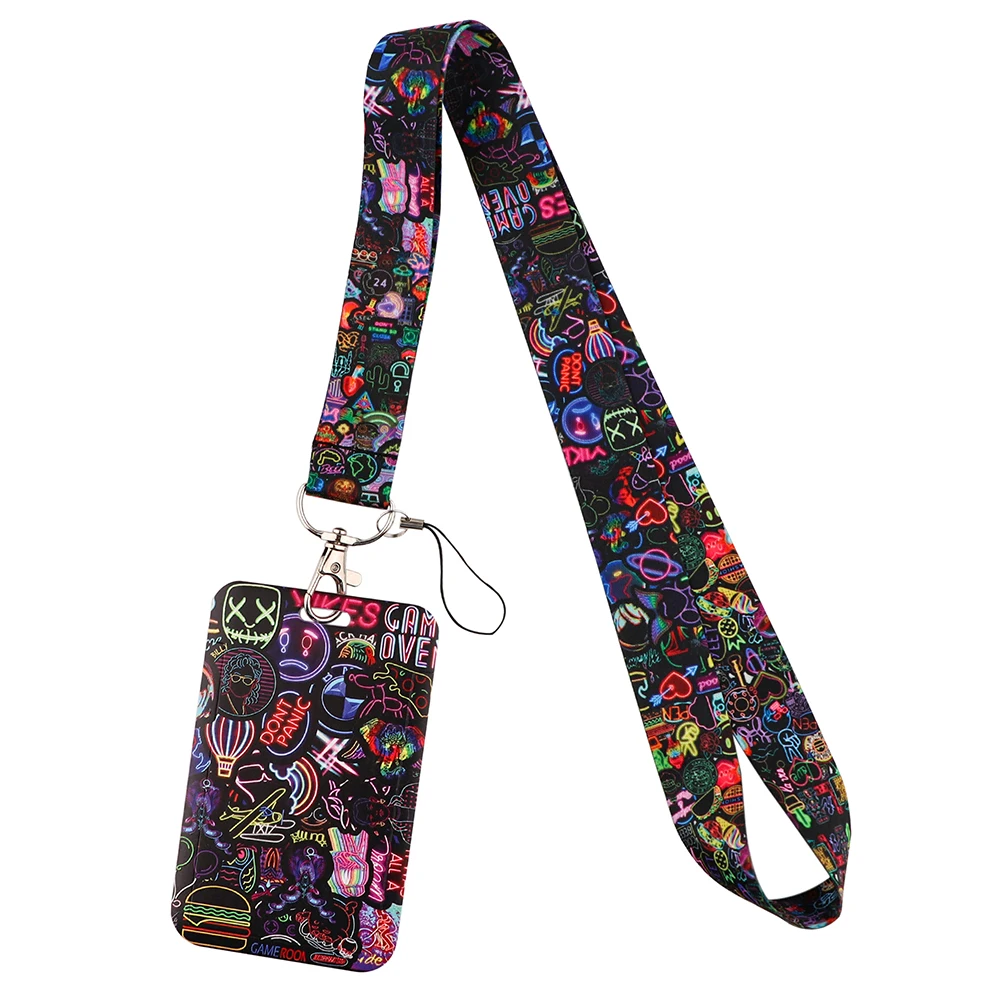 LX1016 Neon Light Printing Lanyard Travel Credit Card Holder ID Badge Holder Neck Strap Keychains Hang Rope Lariat Phone Strap