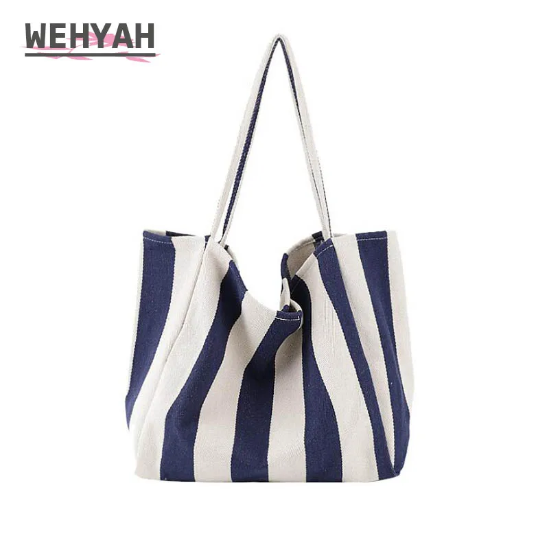 Wahyah Retro Striped Canvas Ladies Hand Bags for Woman Handbags Designer Purse Oversize Casual Totes Clutch Shoulder Bag ZY087