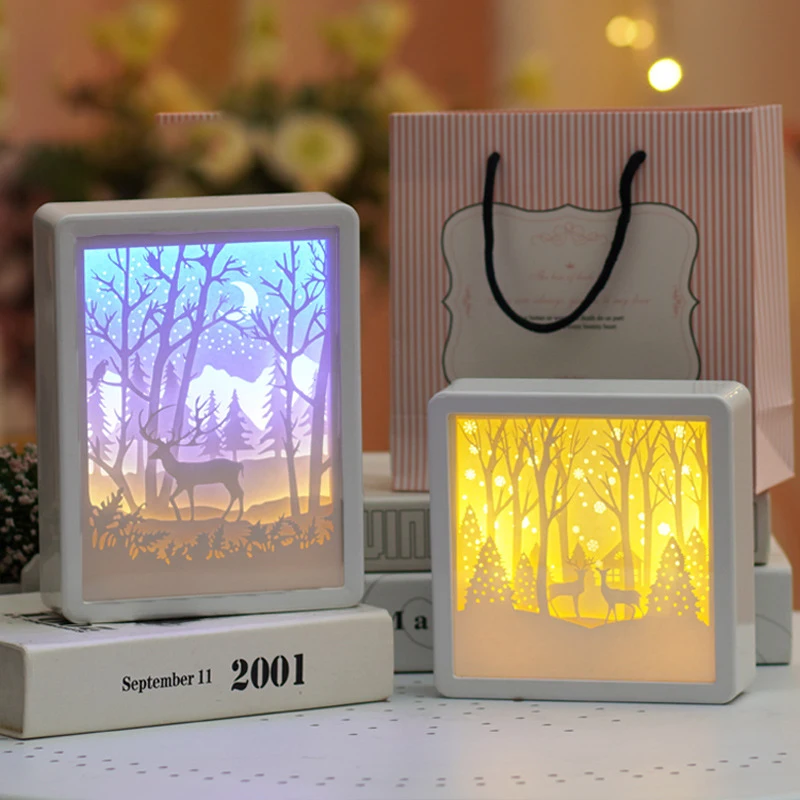 Creative 3D Paper Carving Light Ornaments LED Table Lamp Girls Bedroom Night Lights Christmas Art Decoration Lamp Birthday Gifts