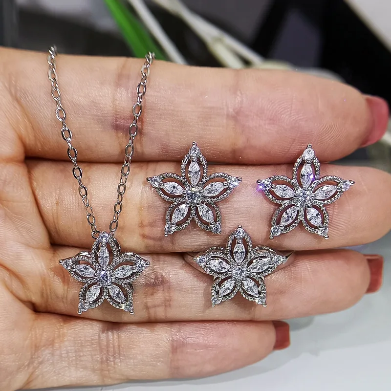 2021 New Small Fresh Flower Earrings Ring Necklace Three-Piece Set Inlaid White Zircon Female Birthday Party Accessories