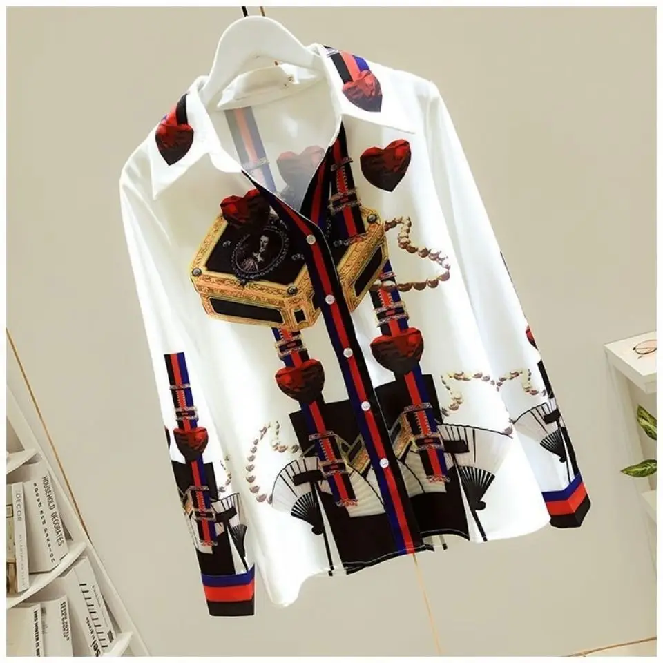 New Spring Summer Women Blouses 2024 Fashion Printing Turn-down Collar Blouse Shirt Casual Tops Elegant Work Wear Chiffon Shirts